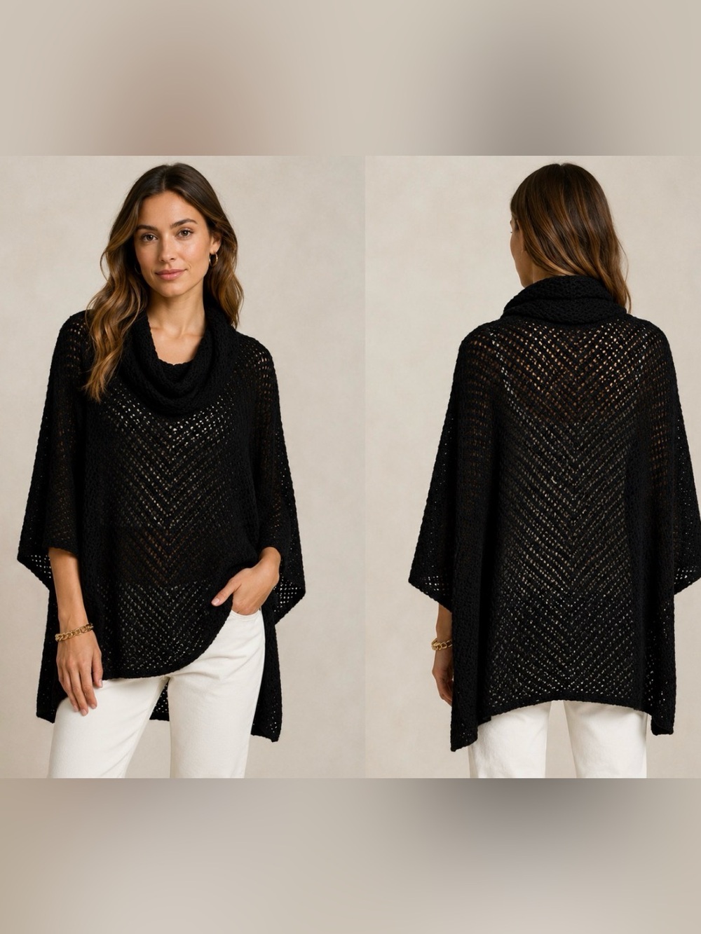 NEW! Ralph Lauren Linen Blend Ribbon Knit Poncho Black SZ L